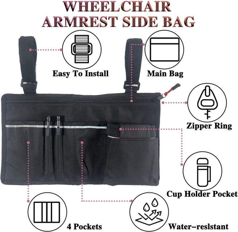 TONINT Wheelchair Pouch Side Pocket,Wheel Chair Cup Holder,Electric Wheelchair Accessories,Wheelchair Side Bag with Cup Holder,Bag For Wheelchair,Wheelchair Armrest Pouch Accessories - Image 5